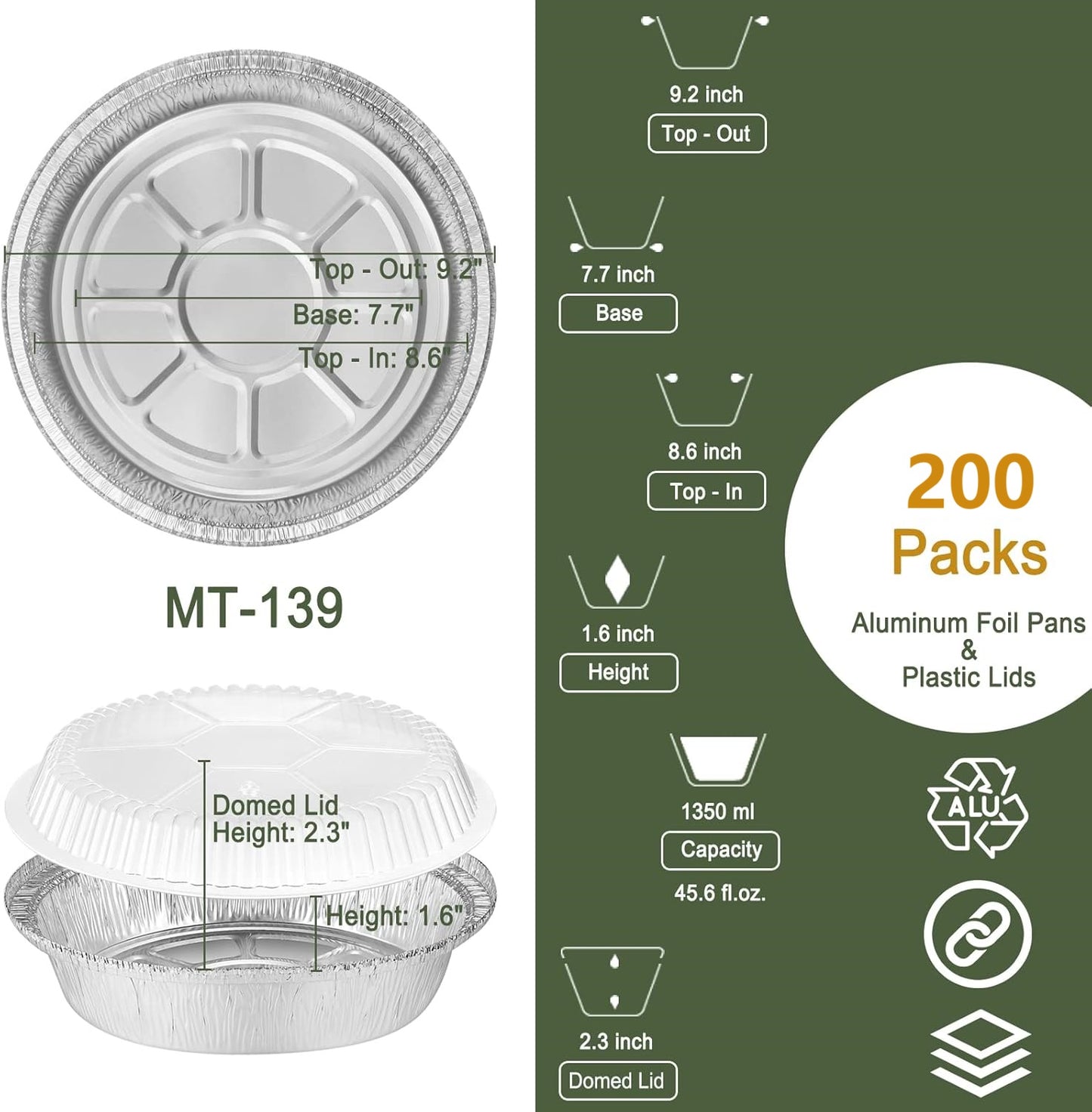 9" Aluminum Foil Pans with Clear Lids 200 Pack,Heavy Duty Disposable Containers for Roasting,Storing,Baking,Cooking,Recyclable